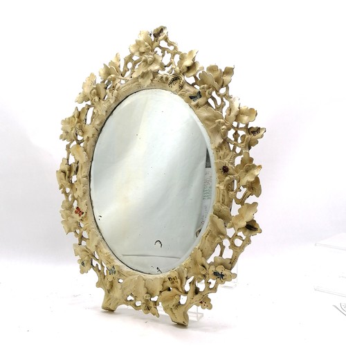 127 - Antique hand carved oval wall mirror with oak leaf design decorated with butterflies - 52cm x 43cm ~... 