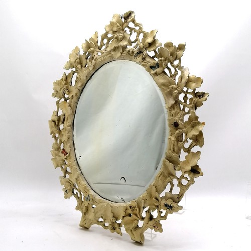 127 - Antique hand carved oval wall mirror with oak leaf design decorated with butterflies - 52cm x 43cm ~... 