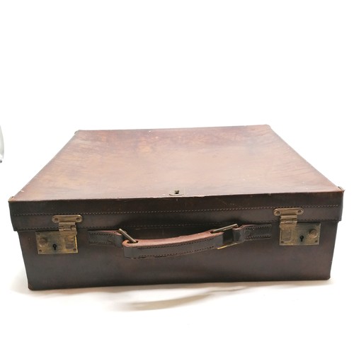 133 - Vintage brown leather unusual suitcase with brass fittings - 52cm x 45cm x 16.5cm deep and has 2 bra... 