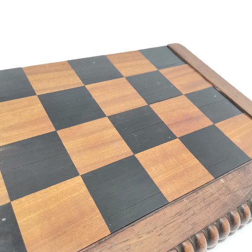 138 - Antique folding rosewood chessboard with parquetry detail - 39cm square t/w boxed complete wooden ch... 