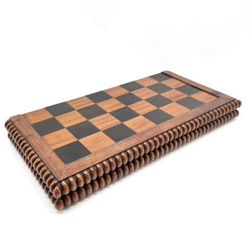 138 - Antique folding rosewood chessboard with parquetry detail - 39cm square t/w boxed complete wooden ch... 