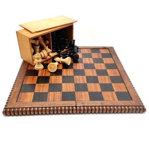 138 - Antique folding rosewood chessboard with parquetry detail - 39cm square t/w boxed complete wooden ch... 