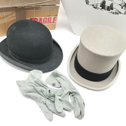 143 - 3 x hats - Lock & Co grey top hat with gloves in L K Bennett box & 2 bowler hats (Jackmans, Dorchest... 