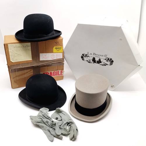 143 - 3 x hats - Lock & Co grey top hat with gloves in L K Bennett box & 2 bowler hats (Jackmans, Dorchest... 