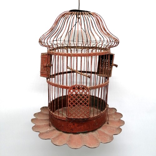 146 - Vintage metal hanging bird cage with iron red paint finish - total drop 52cm with obvious signs of w... 