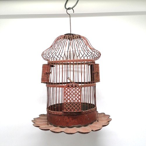 146 - Vintage metal hanging bird cage with iron red paint finish - total drop 52cm with obvious signs of w... 