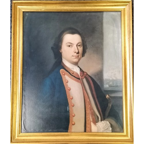 147 - Gilt framed portrait of a nautical gentleman with a tall masted ship to background - 88cm x 64cm