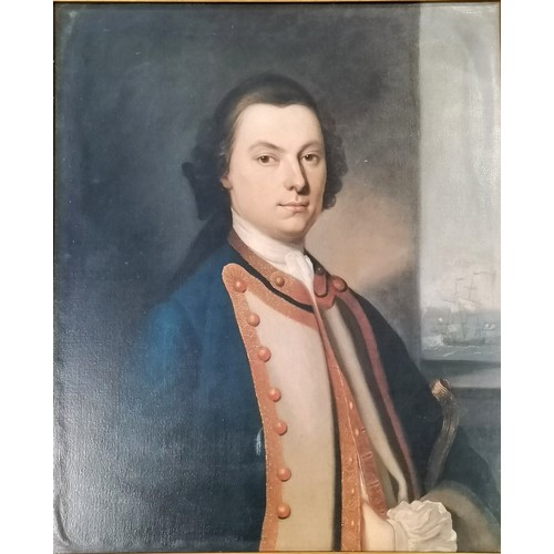 147 - Gilt framed portrait of a nautical gentleman with a tall masted ship to background - 88cm x 64cm