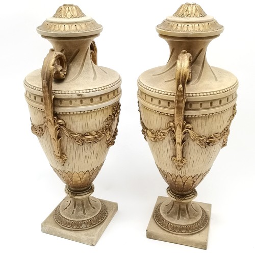 149 - Terracotta pair of classical urn decorations (suitable for lamp bases?) - 55cm high with no obvious ... 