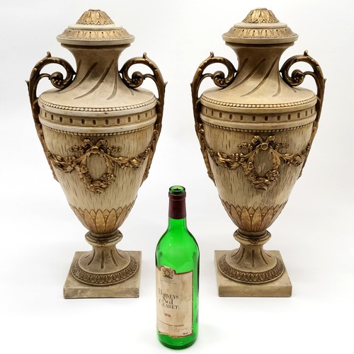 149 - Terracotta pair of classical urn decorations (suitable for lamp bases?) - 55cm high with no obvious ... 