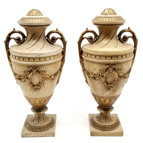 149 - Terracotta pair of classical urn decorations (suitable for lamp bases?) - 55cm high with no obvious ... 