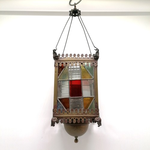 168 - Antique lead light lantern with original burner - 60cm drop ~ slight distortion to 1 panel