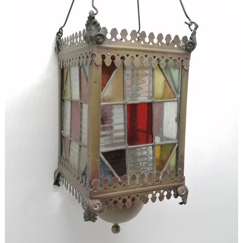 168 - Antique lead light lantern with original burner - 60cm drop ~ slight distortion to 1 panel