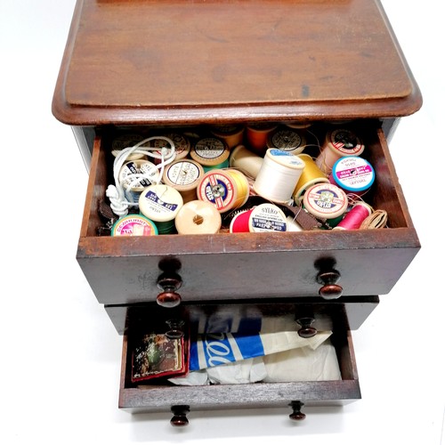 174 - Antique 3 drawer mahogany table cabinet containing sewing related items - 32cm high x 28cm wide x 22... 