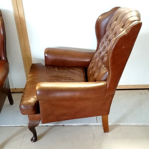 183 - Brown leather matching wing armchair with button back detail 100cm deep x 98cm high x 78cm wide - ha... 