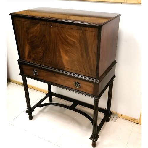 185 - Reproduction flame mahogany fall front bureau on a stretcher base with fitted interior 115cm high x ... 