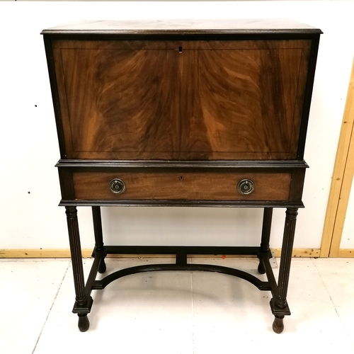 185 - Reproduction flame mahogany fall front bureau on a stretcher base with fitted interior 115cm high x ... 