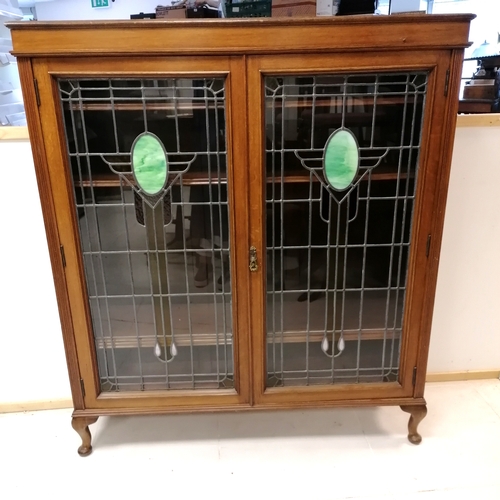 187 - Art Nouveau oak 2 door lead light glazed bookcase with adjustable shelves 161cm high x 143cm wide x ... 