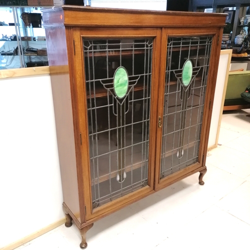 187 - Art Nouveau oak 2 door lead light glazed bookcase with adjustable shelves 161cm high x 143cm wide x ... 