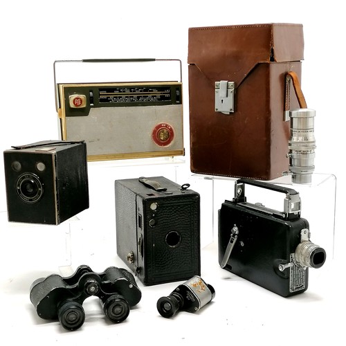 195 - Kodak cine camera + extra lens (in leather a/f carry case), 2 x box cameras, bintage binoculars, mon... 