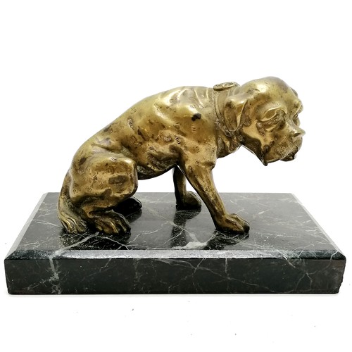 199 - Antique bronze sculpture of a seated dog on a black marble base 17cm x 9cm x 12cm high - small chip ... 