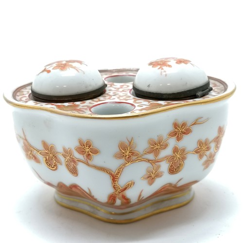 203 - Continental porcelain desk stand including 2 inkwells with hand painted and gilded decoration 13cm a... 