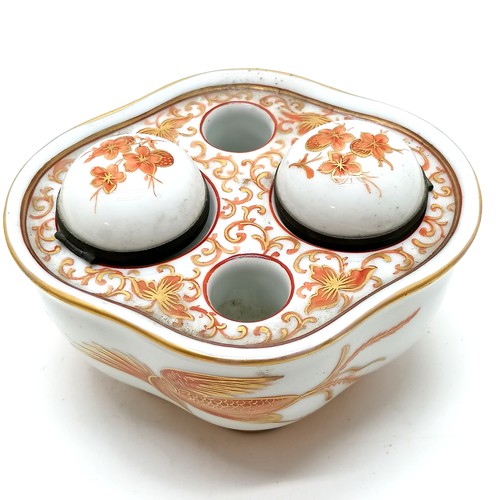 203 - Continental porcelain desk stand including 2 inkwells with hand painted and gilded decoration 13cm a... 