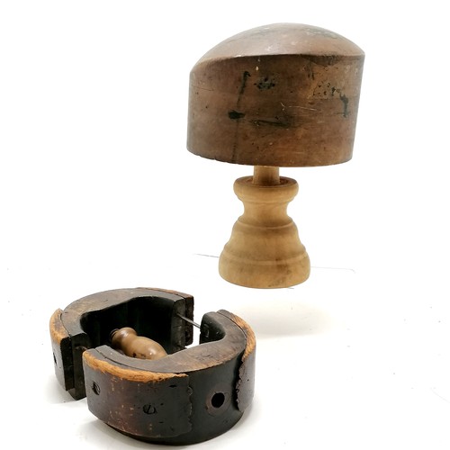 204 - Antique wooden hat block on stand 30cm high T/W an antique wooden hat stretcher