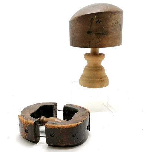 204 - Antique wooden hat block on stand 30cm high T/W an antique wooden hat stretcher