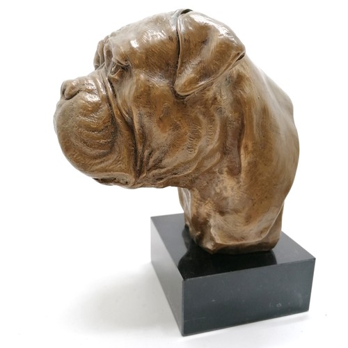 205 - Artdog limited edition bronzed bulldogs head on a black marble base 19cm high x 85cm x 8.5cm - no ob... 