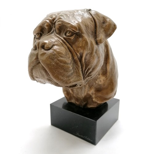 205 - Artdog limited edition bronzed bulldogs head on a black marble base 19cm high x 85cm x 8.5cm - no ob... 