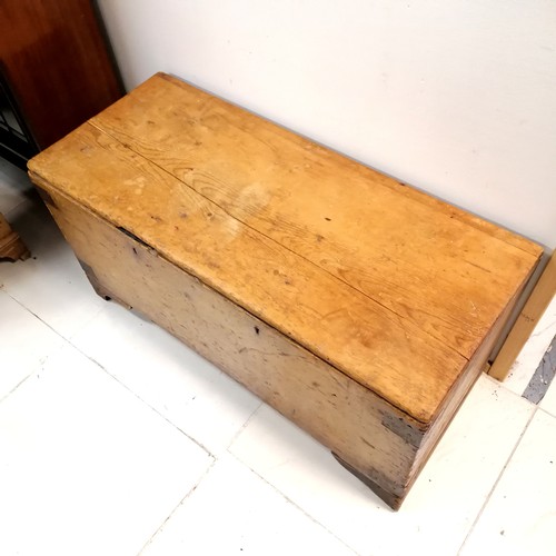 209 - Large antique pine blanket chest with iron strapwork detail - has some old repairs - L112cm x D47cm ... 