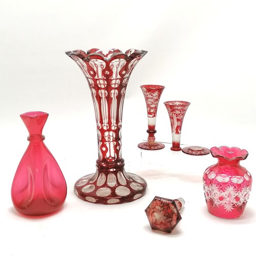 214 - Antique Bohemian red glass lustre vase 28cm high and chips to the rim T/W 5 other items