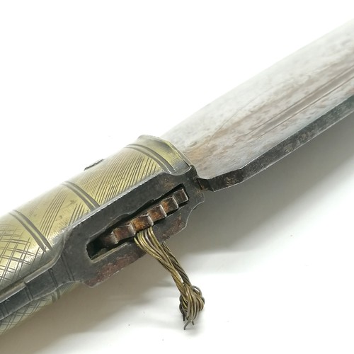 224 - Spanish navaja folding knife with horn and brass handle with crosshatch detail and engraving to stee... 