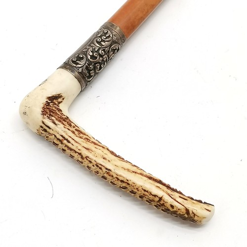 229 - Antique riding crop with 1898 silver collar by M.P and antler handle - 80cm long