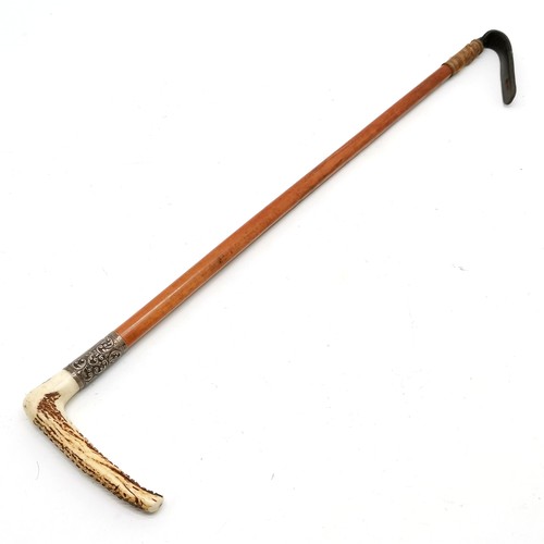 229 - Antique riding crop with 1898 silver collar by M.P and antler handle - 80cm long