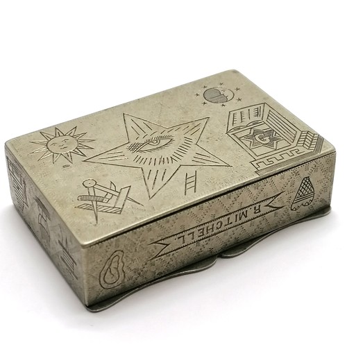 231 - Masonic nickel folk art engraved snuff box with hinged lid - 5.5cm x 4cm x 1.4cm