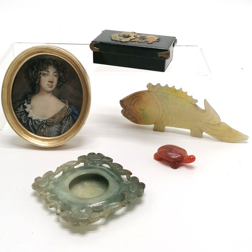 232 - Hand carved jade fish (tail a/f) + brush wash, Mexican metal box, Isabel Florrie Saul (1895–1982) mi... 