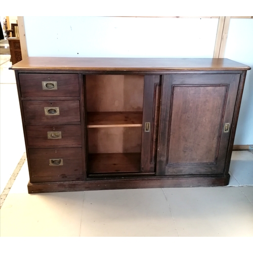 236 - Antique mahogany cupboard of drawers and 2 sliding doors with sliding doors with flush brass handles... 