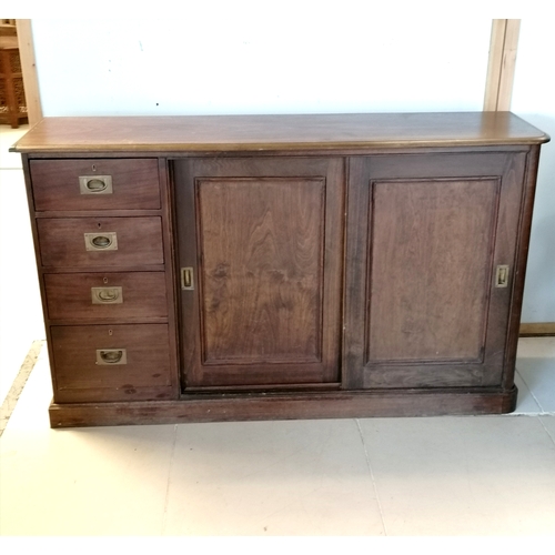 236 - Antique mahogany cupboard of drawers and 2 sliding doors with sliding doors with flush brass handles... 