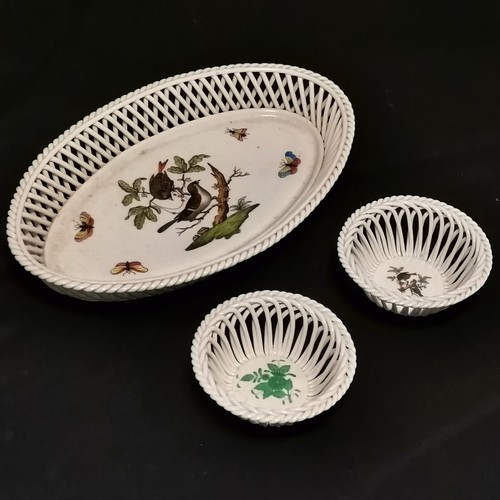 260 - Herend 3 x open weave basket dishes - largest #7375 Rothschild bird pattern 26.5cm x 16.5cm