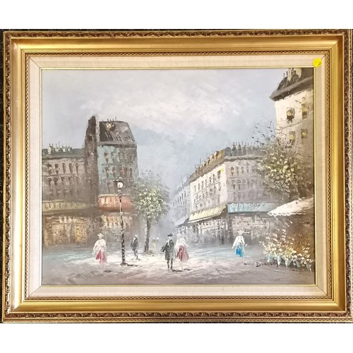 271 - Burnett signed oil painting on canvas of a continental street scene - gilt frame 52cm x 62cm