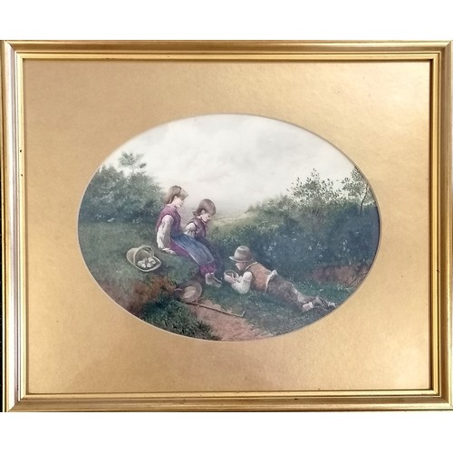 281 - 1888 Mabel Tapp(?)  painted ceramic plaque 'The Birds nest' after Myles Birket Foster (1825–99) ~ wi... 