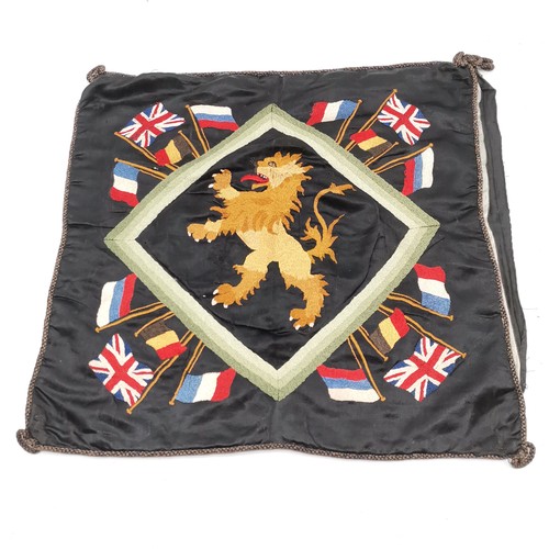 284 - Antique commemorative silk cushion cover with lion / flag detail (50cm square), engineer directional... 