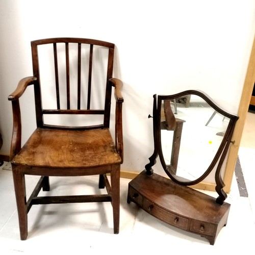 290 - Antique elm country chair - has an old split to the seat T/W a mahogany dressing table swing mirror ... 