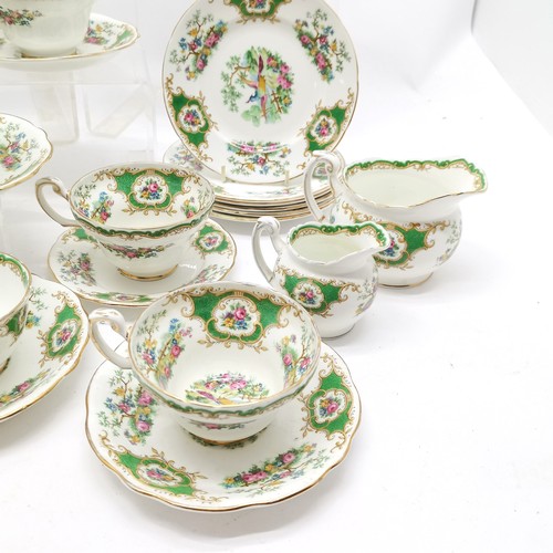 296 - Foley China Broadway pattern teaware comprising 6 trios, bowls, jugs, teapot (staining), 2 cups (a/f... 