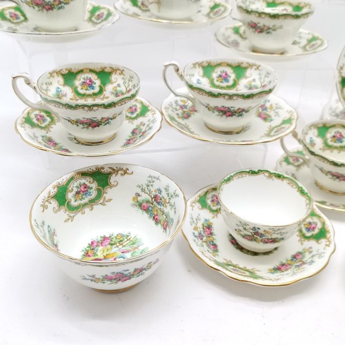 296 - Foley China Broadway pattern teaware comprising 6 trios, bowls, jugs, teapot (staining), 2 cups (a/f... 