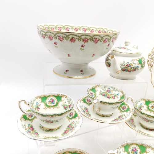 296 - Foley China Broadway pattern teaware comprising 6 trios, bowls, jugs, teapot (staining), 2 cups (a/f... 