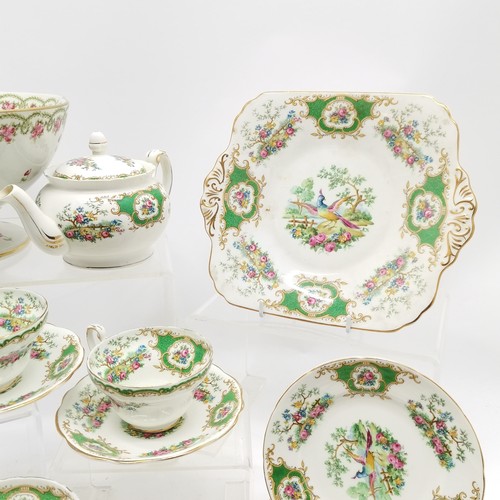 296 - Foley China Broadway pattern teaware comprising 6 trios, bowls, jugs, teapot (staining), 2 cups (a/f... 