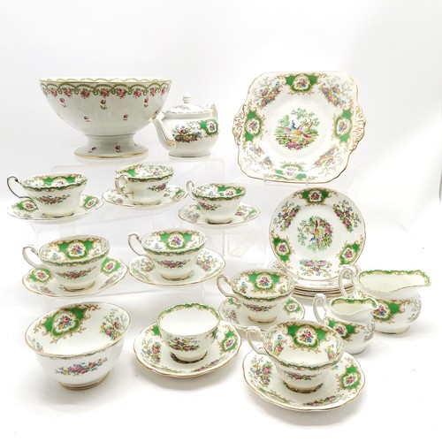 296 - Foley China Broadway pattern teaware comprising 6 trios, bowls, jugs, teapot (staining), 2 cups (a/f... 